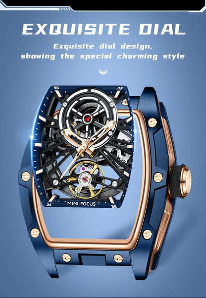 MINI FOCUS Herren-Armbanduhr, modisch, schwarz, wasserdicht, automatische mechanische Uhr mit Leuchtzeigern, Silikonarmband und Tonneau-Zifferblatt