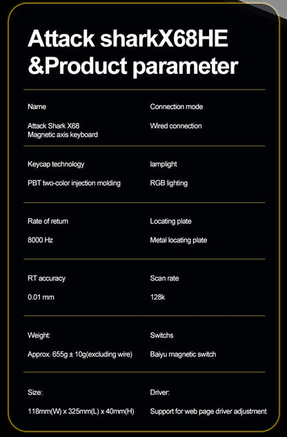 ATTACK SHARK X68HE Esports Magnetic Axis Keyboard 8KHz Return Rate, Total Area 0.01mm, and 0.125ms Rate Class Ultra-Low Latency