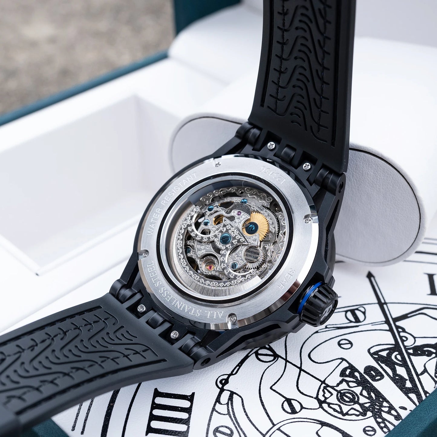 OBLVLO Men's Luxury Machinery Skeleton Mechanical Automatic Watches Analog Big Dial Blue Rubber Band Military Watch RD-909