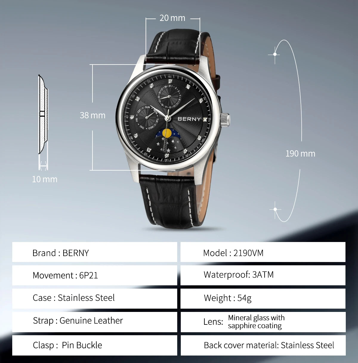 BERNY Men's Watch Date Weeks Moon Phase Quartz Watches for Men Stainless Steel Leather Strap Business Wristwatch Male Clock