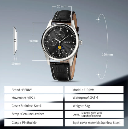 BERNY Men's Watch Date Weeks Moon Phase Quartz Watches for Men Stainless Steel Leather Strap Business Wristwatch Male Clock