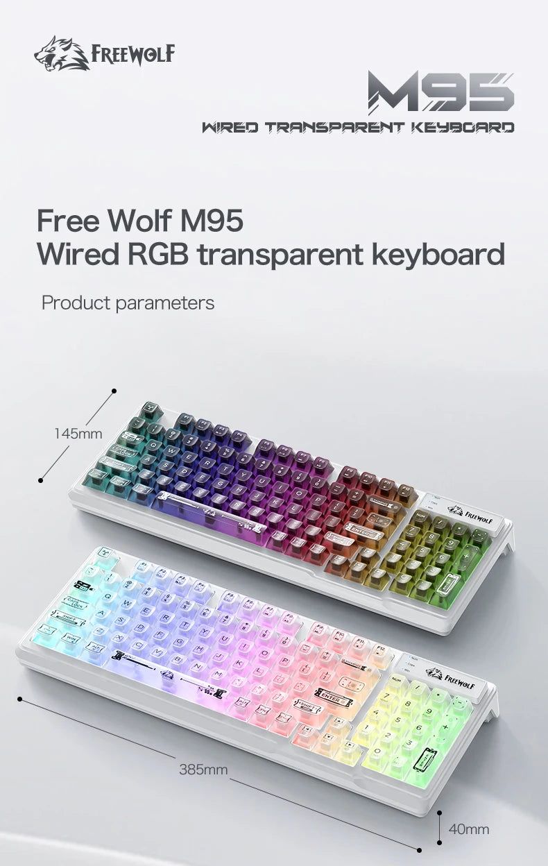 Teclado com fios FREEWOLF M95 com design transparente RGB, ideal para gaming, trabalho de escritório e vários outros cenários