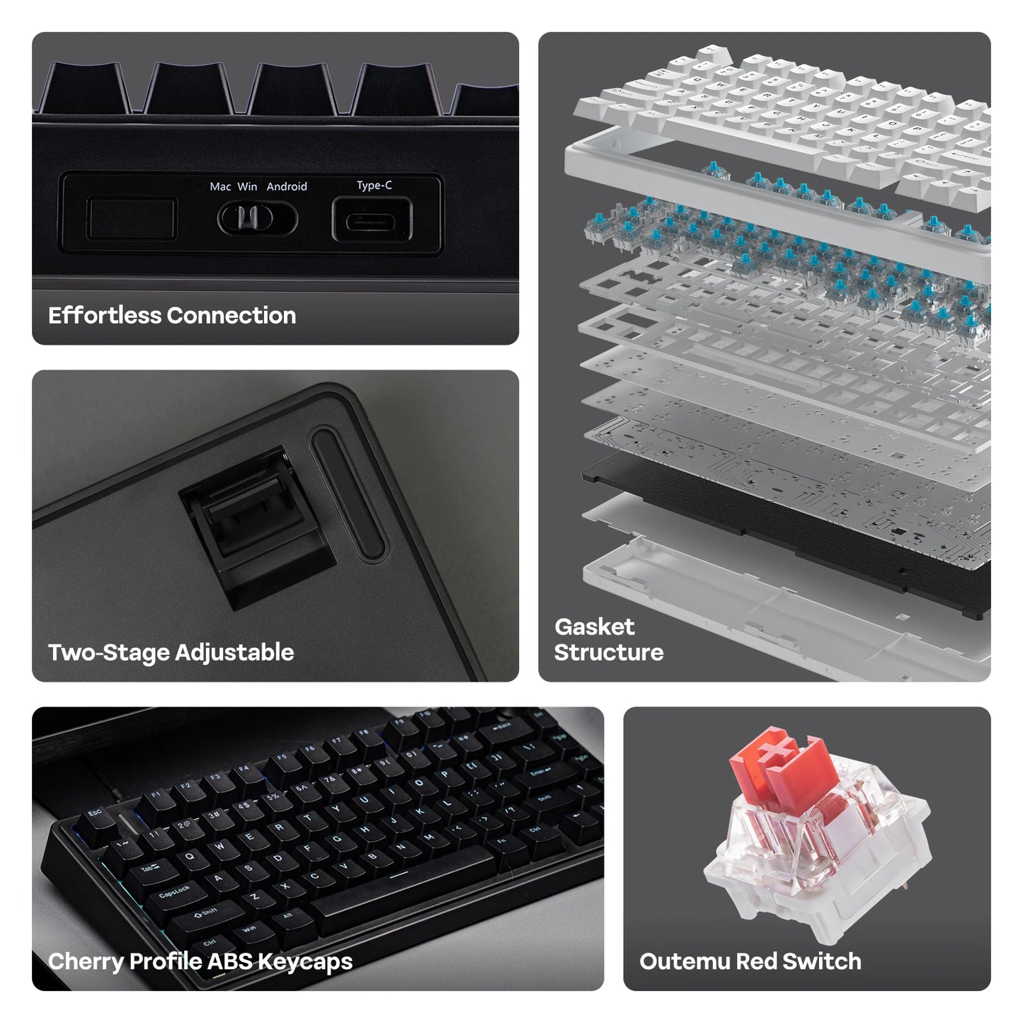 Teclado mecânico EPOMAKER x AULA F75 com fio, 75%, layout ANSI US, gasket, hot-swap, para Mac/WIN/Android, com botão rotativo