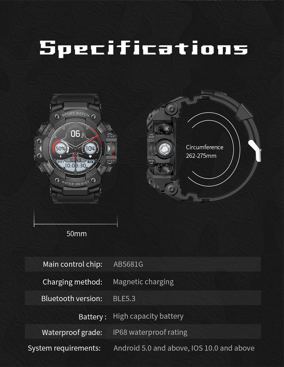 New Military Sports Smart Watch Men 100+ Sports Outdoor Fitness Compass Heart rate BT Call Waterproof Smartwatch For iOS Android