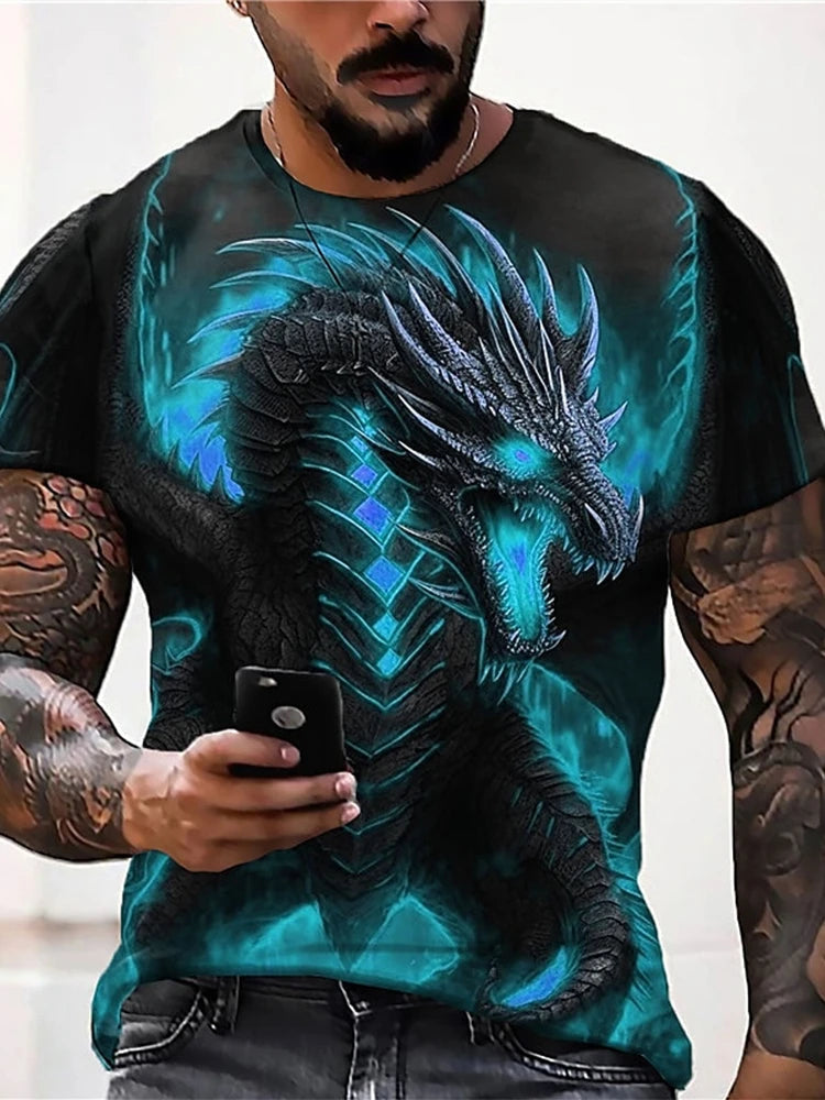 2024 zomer streetstyle heren-T-shirt, urban everyday casual top met korte mouwen, 3D-drakenprint, outdoor heren-T-shirt
