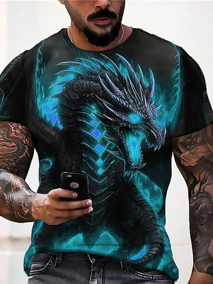 2024 zomer streetstyle heren-T-shirt, urban everyday casual top met korte mouwen, 3D-drakenprint, outdoor heren-T-shirt