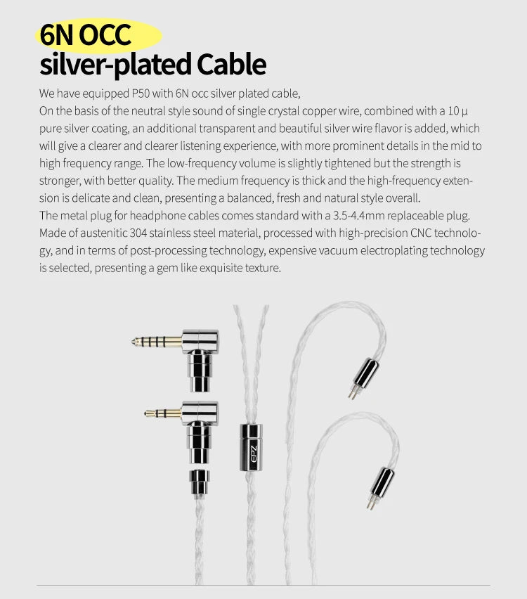 EPZ P50 1DD+2BA+2Planar Hybrid Drivers HiFi IEM 3.5/4.4 L-Shaped Replaceable Plug 6N Single Crystal Copper Silver-Plated Cable