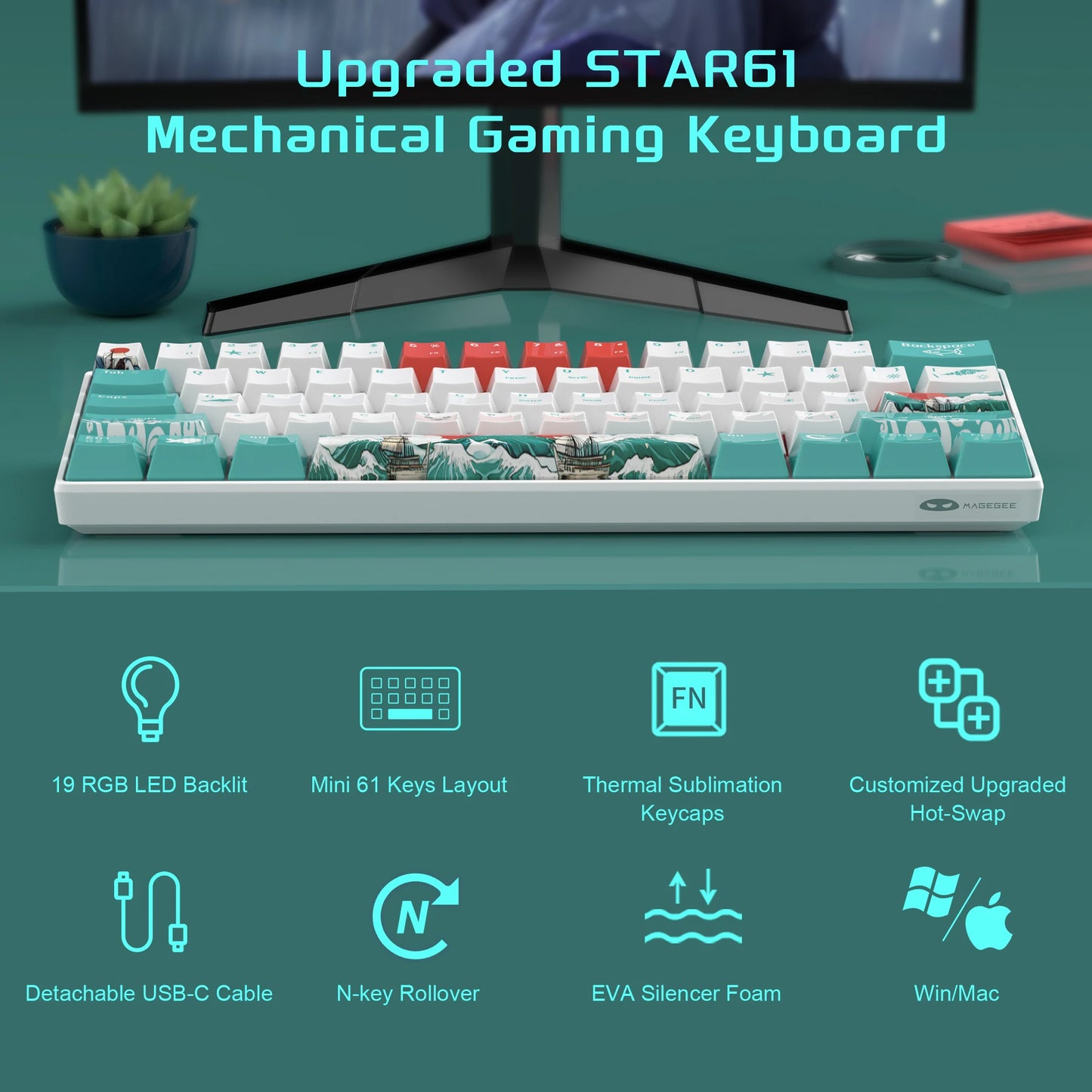 Teclado Mecânico Gaming MageGee 60%, RGB, Totalmente Hot-swappable, Switches Personalizados, Mini Teclado de Escritório com 61 Teclas para Portátil Win/Mac