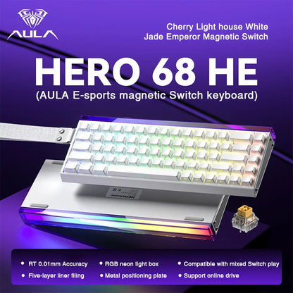 Teclado mecânico gaming com fios AULA HERO68 HE, switches magnéticos, Rapid Trigger, taxa de polling 8K, RGB, para esports