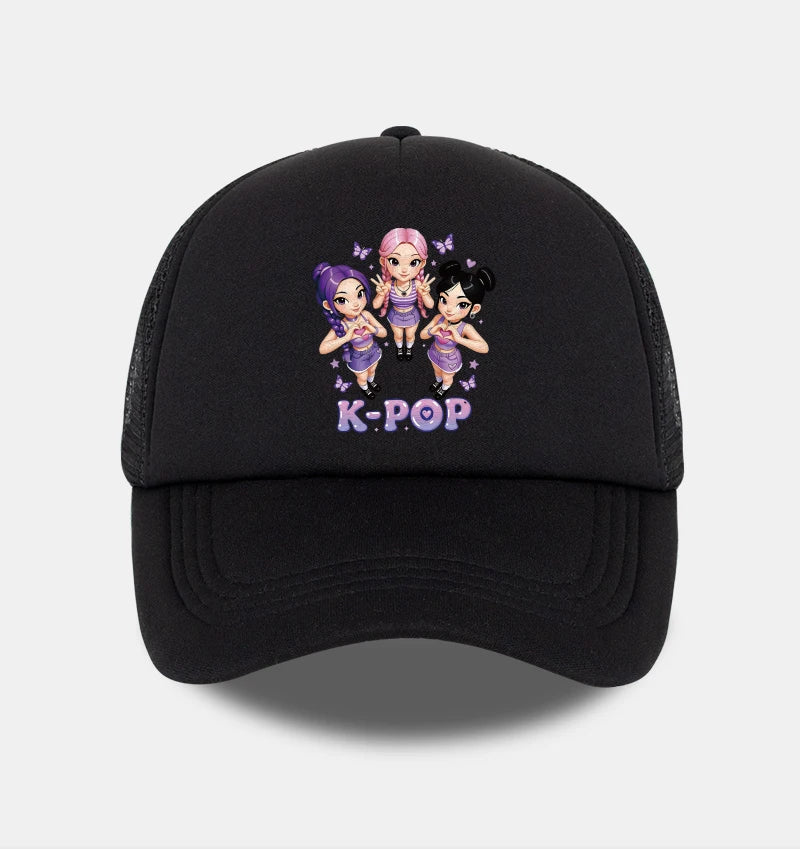 K-POP Cute Cartoon Girl Group Print Sponge Mesh Cap | Unisex Adjustable Mesh Baseball Cap | Y2K K-Pop Fan Street Style Sun Hat