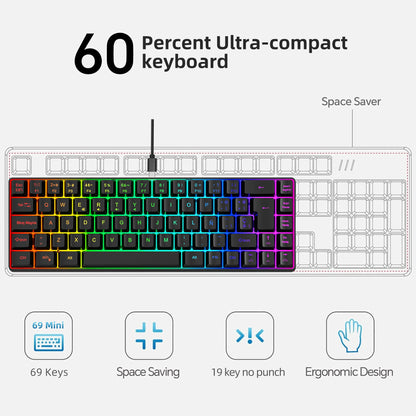 Hot Sale! Spanische kabelgebundene Gaming-Tastatur mit 69 Tasten und RGB-Hintergrundbeleuchtung, kompaktes 68%-Design, ein unverzichtbares Gadget für Büroangestellte und Gamer