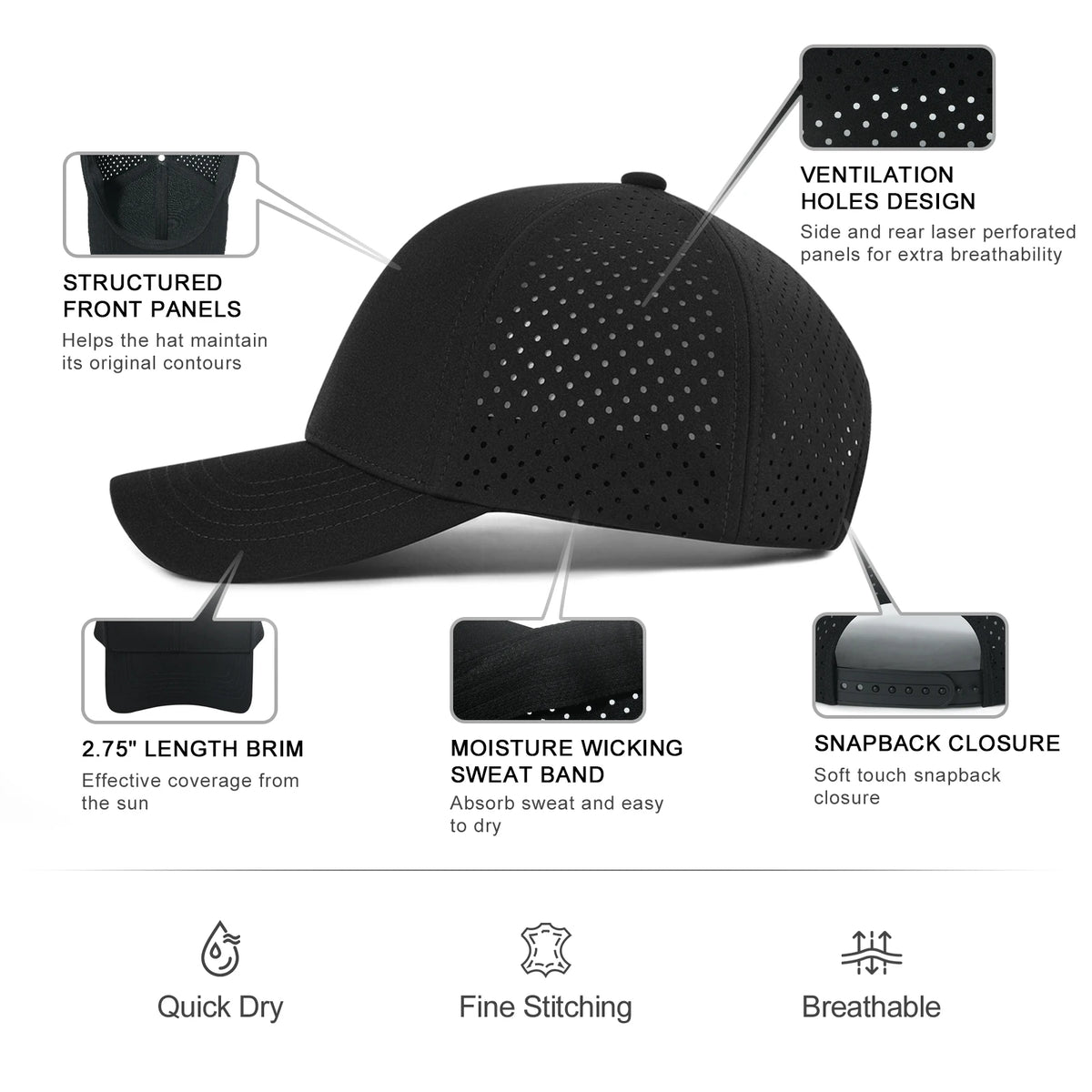 VOBOOM Herren-Baseballkappe mit Schnell-Trocknungsfunktion, lasergeschnittenem Netzstoff, gewölbter Krempe und Snapback-Verschluss – für Outdoor, Laufen und Reisen – schwarze Kappe