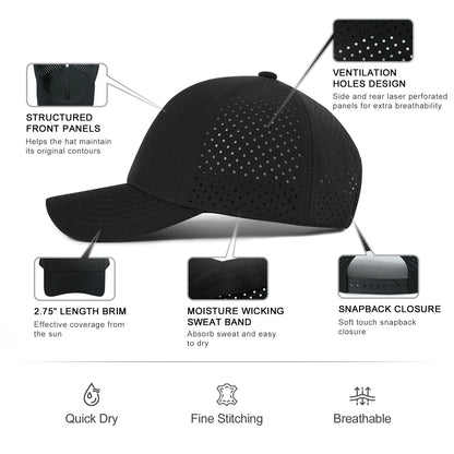 VOBOOM Herren-Baseballkappe mit Schnell-Trocknungsfunktion, lasergeschnittenem Netzstoff, gewölbter Krempe und Snapback-Verschluss – für Outdoor, Laufen und Reisen – schwarze Kappe