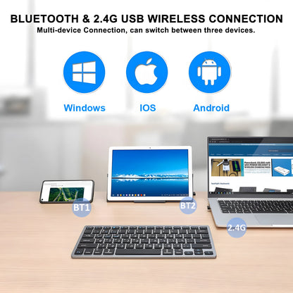 Teclado hebraico ultrafino Bluetooth e 2.4G de modo duplo Israel sem fios, silencioso, para iOS, iPad, tablets Android e Windows