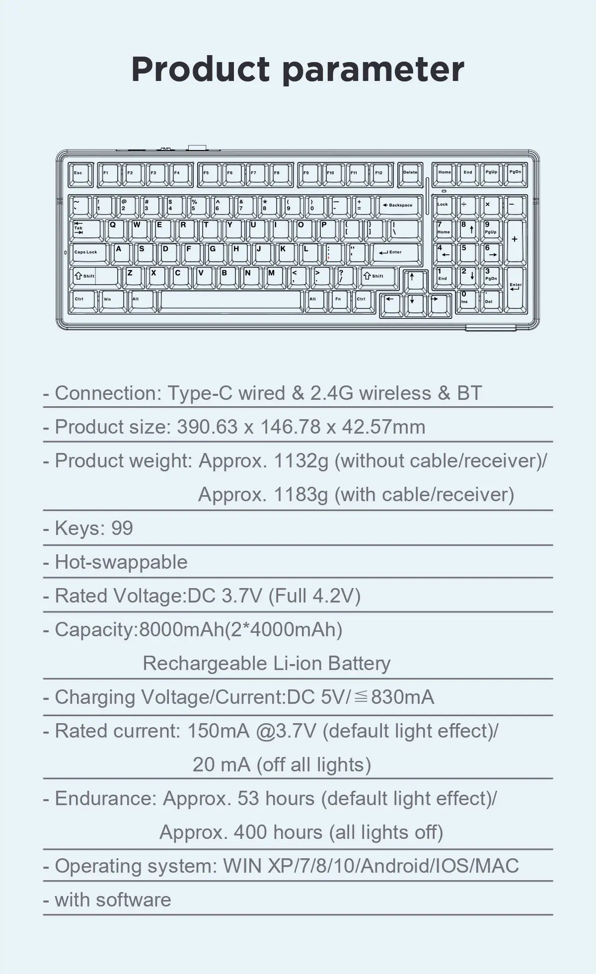 Teclado mecânico AULA F99 Bluetooth 5.0/2.4G sem fios/com fios, teclado gaming com montagem gasket, 99 teclas, personalizável
