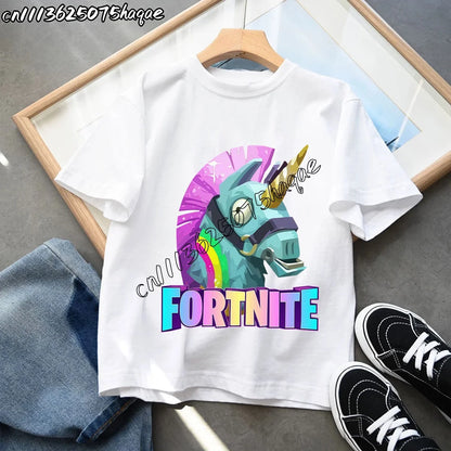 T-shirts Infantis Fortnite Novidade de Verão, T-shirt com Figura de Desenho Animado, Estampado Gráfico, Casual e Desportivo, Manga Curta, Tops Desportivos para Criança, Roupa para Rapazes