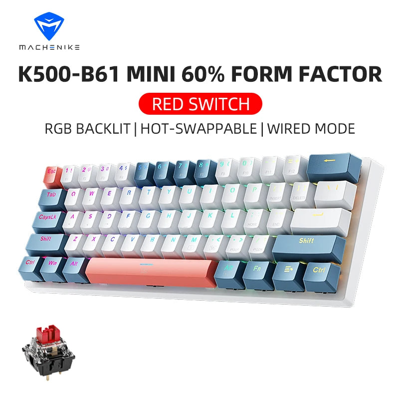 K500-B61 Machenike Mini Teclado Mecânico 60% 61 Teclas Gaming com Fio, Totalmente Hot-Swappable, Retroiluminação RGB