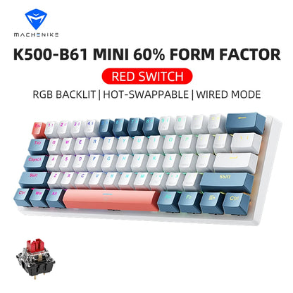 K500-B61 Machenike Mini Teclado Mecânico 60% 61 Teclas Gaming com Fio, Totalmente Hot-Swappable, Retroiluminação RGB