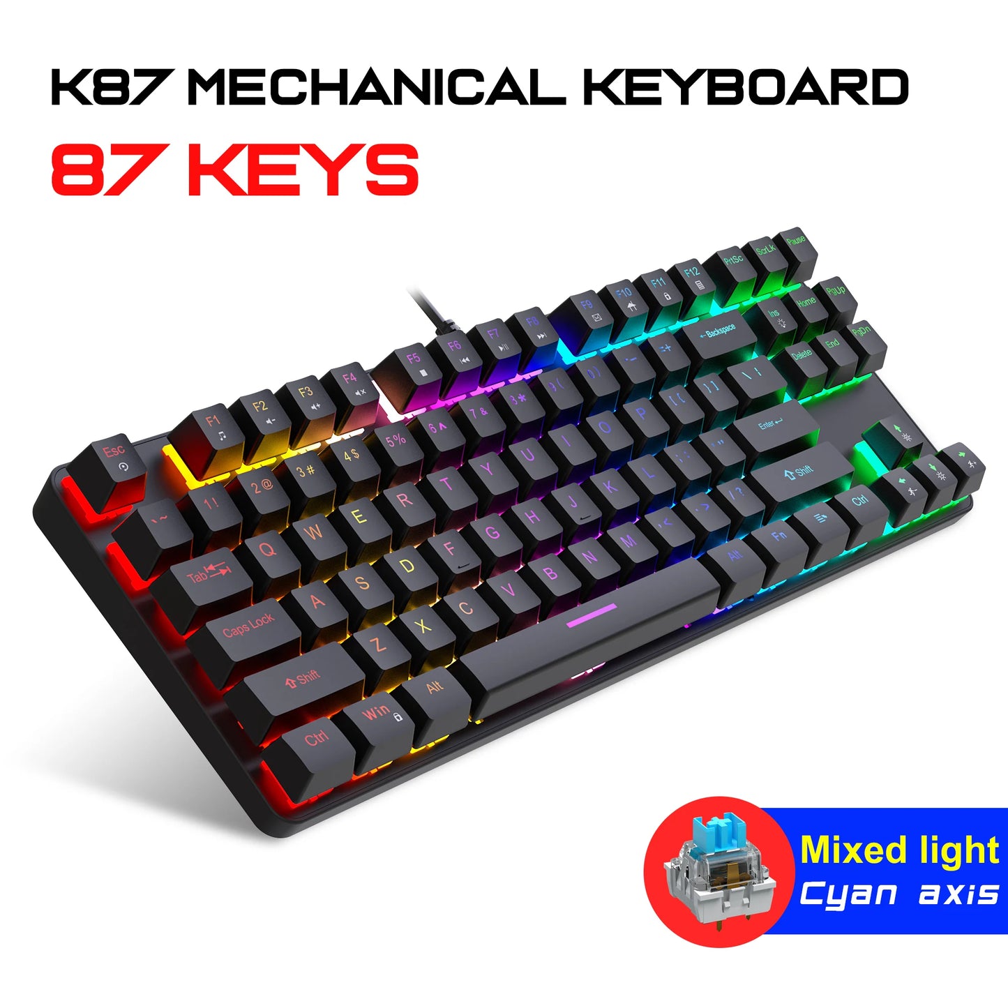 Computer Keyboard Waterproof Portable Gaming Keyboard Backlit Ergonomics Colorful Keyboard Computer Accessories 87 Keys USB