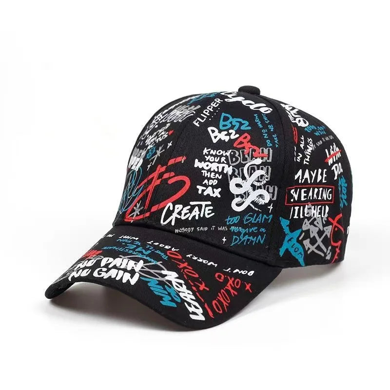 Farbenfrohe Hip-Hop-Baseballkappe mit Graffiti-Motiv, lässige Sonnenkappe mit Entenschnabel-Krempe und Aufdruck, individuell gestaltet für Männer und Frauen