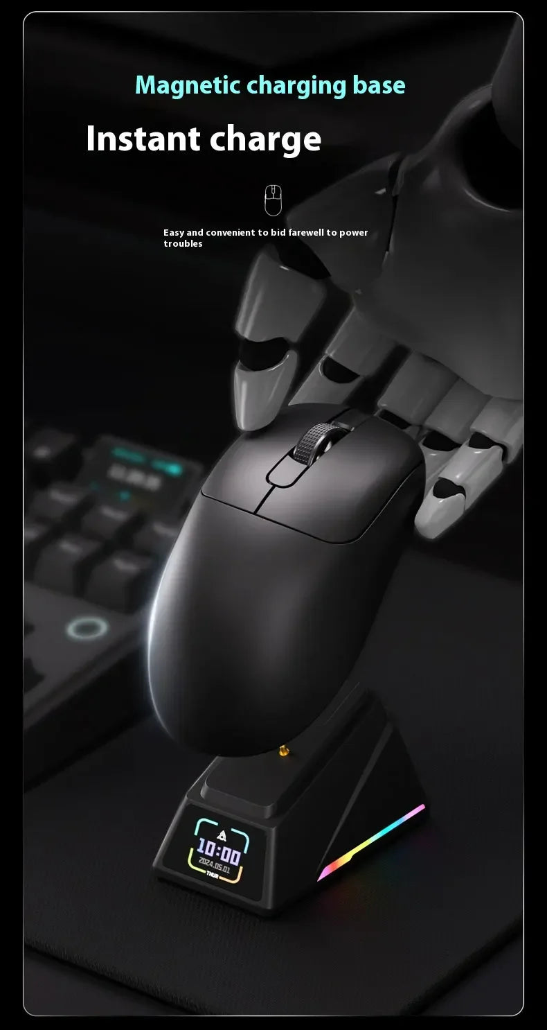 Ratón gaming inalámbrico Ajazz AJ179 APEX con base con pantalla a color, Bluetooth, PAW3395, batería de 400mAh, frecuencia de actualización de 8000Hz