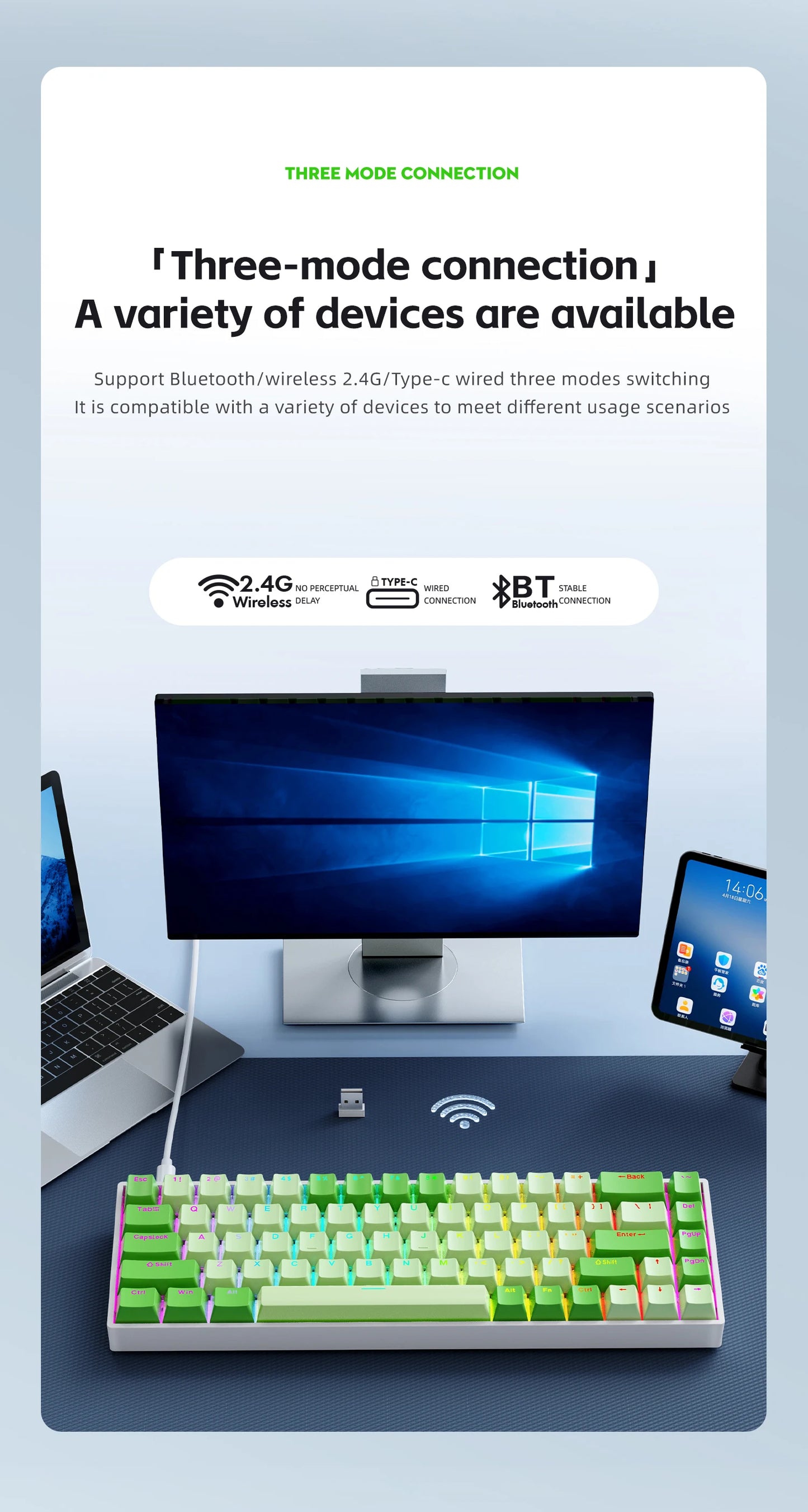 K68 68Key Wireless Mechanical Keyboard Tri-mode Connection, Full Key Hot Swap, RGB lighting Effects, L