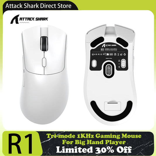 ATTACK SHARK R1 Tri-Mode-Gaming-Maus, PixArt PAW3311 Sensor, 18000 DPI, 1000hz, 59g ultraleicht für große Hände, für PC/Mac