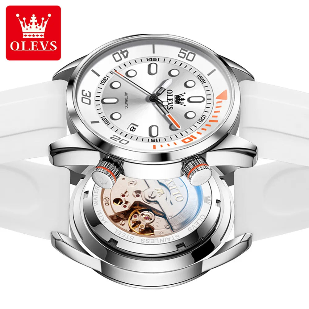 OLEVS Automatic Men's Watches Luxury Top Brand Green Water Ghost Diving Series Silicone Strap Original Mechanical Man Watch 6751