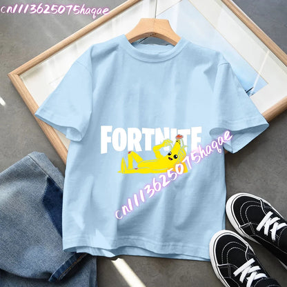 T-shirt azul de algodão Fortnite para criança, camisola de manga curta Fortress Night para bebé, top kawaii com desenho animado para menino e menina, roupa de verão, prenda
