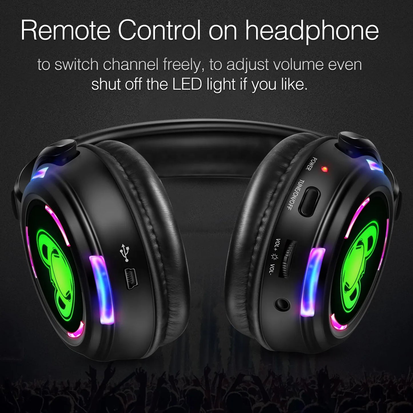 Cuffie wireless Silent Disco RF LED DJ Party 863–865MHz/915MHz con illuminazione LED a 3 canali e batteria da 10H
