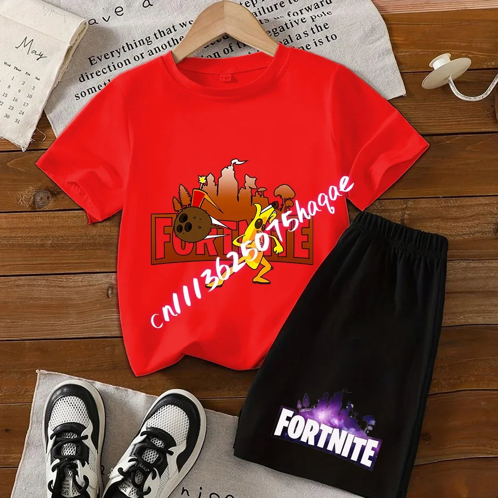 Conjunto de T-shirt e calções Fortnite Series para criança, top e calças inspirados em jogo popular, outfit de verão para casa, confortável e adorável, presente de aniversário