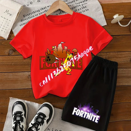 Conjunto de T-shirt e calções Fortnite Series para criança, top e calças inspirados em jogo popular, outfit de verão para casa, confortável e adorável, presente de aniversário