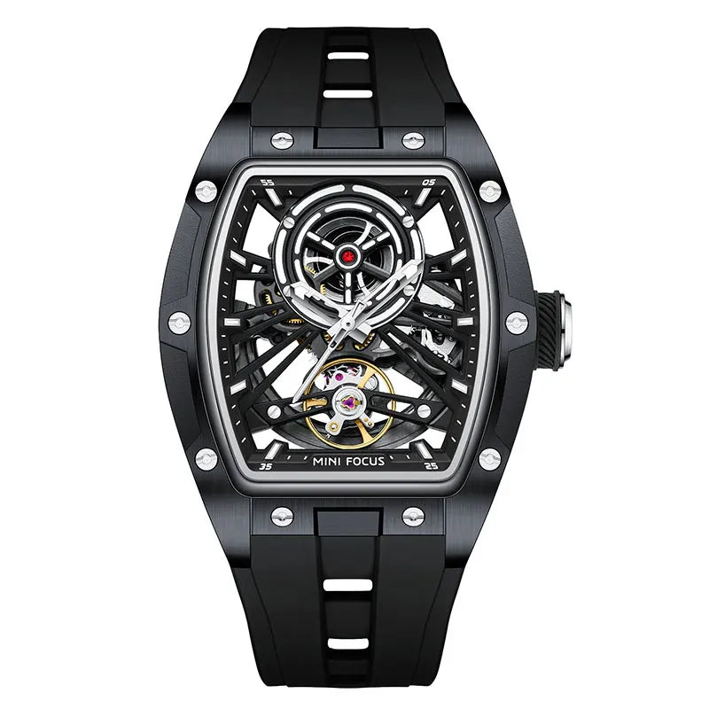 MINI FOCUS Herren-Armbanduhr, modisch, schwarz, wasserdicht, automatische mechanische Uhr mit Leuchtzeigern, Silikonarmband und Tonneau-Zifferblatt