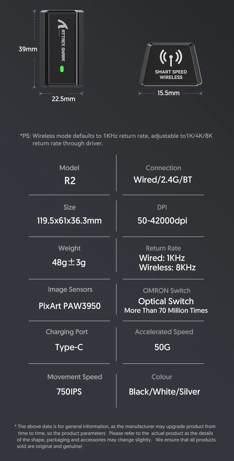 Attack Shark R2 bezdrôtová herná myš PAW3950 8K z horčíkovej zliatiny, ľahká herná myš Bluetooth Tri-Mode na hranie/prácu v kancelárii