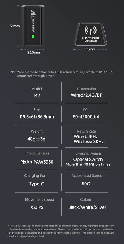 Attack Shark R2 bezdrôtová herná myš PAW3950 8K z horčíkovej zliatiny, ľahká herná myš Bluetooth Tri-Mode na hranie/prácu v kancelárii