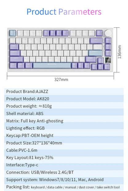 Teclado mecânico AJAZZ AK820 com layout compacto de 70%, iluminação RGB, switches hot-swappable, ligação com fios, sem fios e Bluetooth