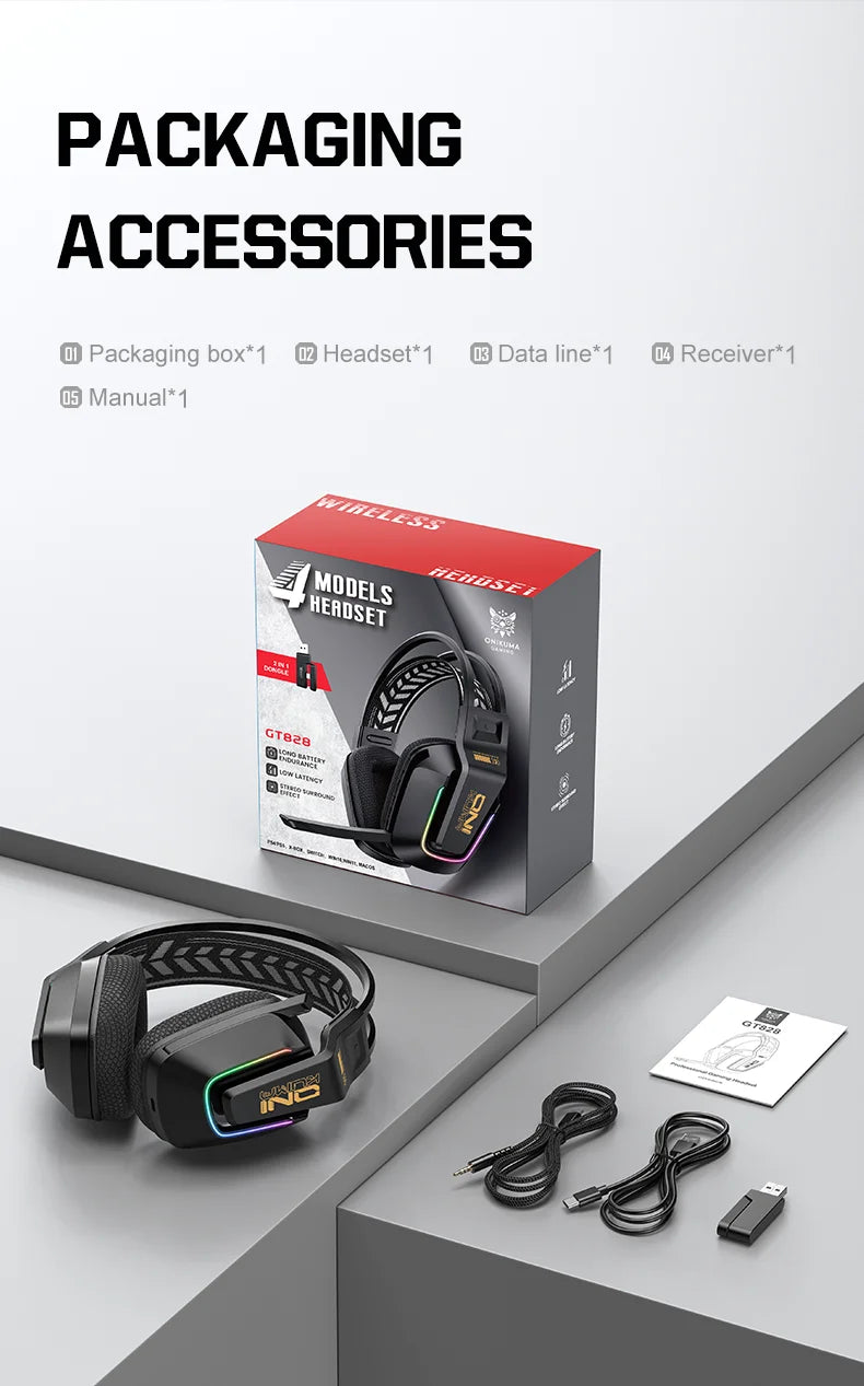 Cuffie da gaming wireless ONIKUMA GT828 Bluetooth 5.3 RGB con microfono, cancellazione del rumore e connessione a 4 modalità per PC, PS5 e laptop
