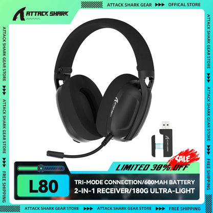 ATTACK SHARK L80 ultraleichtes 180g Gaming-Headset – kabellos im Tri-Mode (Bluetooth 5.3 / 2.4G / kabelgebunden), 5.1 Surround Sound, 40mm-Treiber, absteckbares Mikrofon