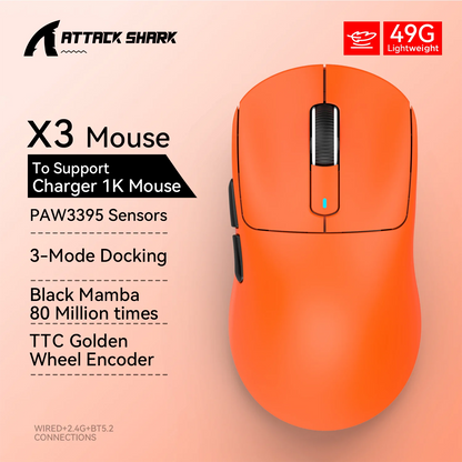 ATTACK SHARK X3 Wireless Gaming Mouse, Tri-Mode Bluetooth Gaming Mouse with PAW3395 Sensor, 26,000 DPI, 4K Polling Rate, RGB Gaming Mouse
