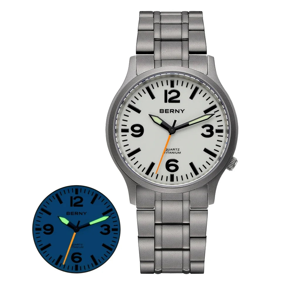 BERNY Full Titanium Watches for Men Super Luminous Sapphire Sports Field Quartz Men's Watch VH31 Wristwatch 5ATM Easy Read
