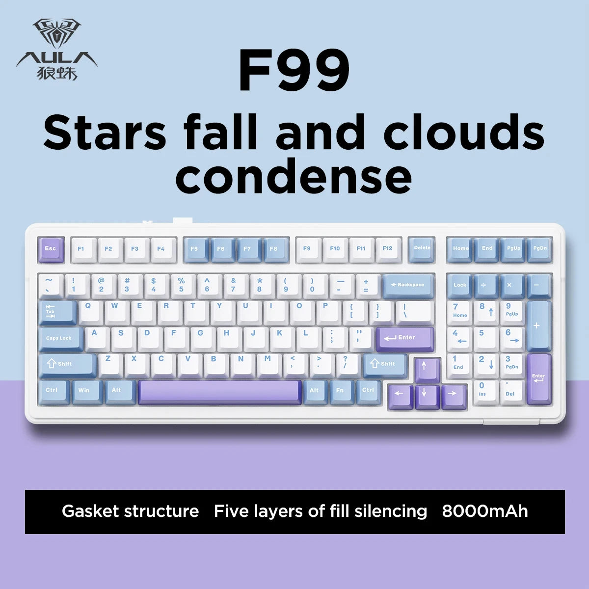 Teclado mecânico AULA F99 Bluetooth 5.0/2.4G sem fios/com fios, teclado gaming com montagem gasket, 99 teclas, personalizável