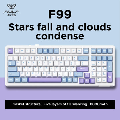 Teclado mecânico AULA F99 Bluetooth 5.0/2.4G sem fios/com fios, teclado gaming com montagem gasket, 99 teclas, personalizável