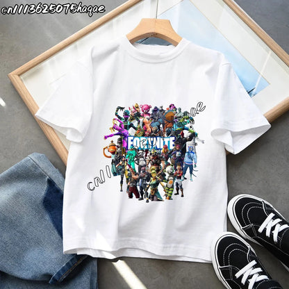 T-shirts Infantis Fortnite Novidade de Verão, T-shirt com Figura de Desenho Animado, Estampado Gráfico, Casual e Desportivo, Manga Curta, Tops Desportivos para Criança, Roupa para Rapazes