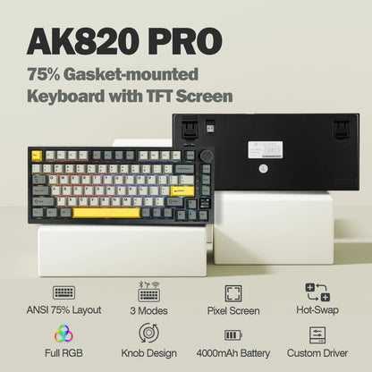 Teclado mecânico Ajazz AK820 Pro 75% com montagem gasket, Bluetooth 5.1/2.4G sem fios/com fios e ecrã TFT para Mac/Win