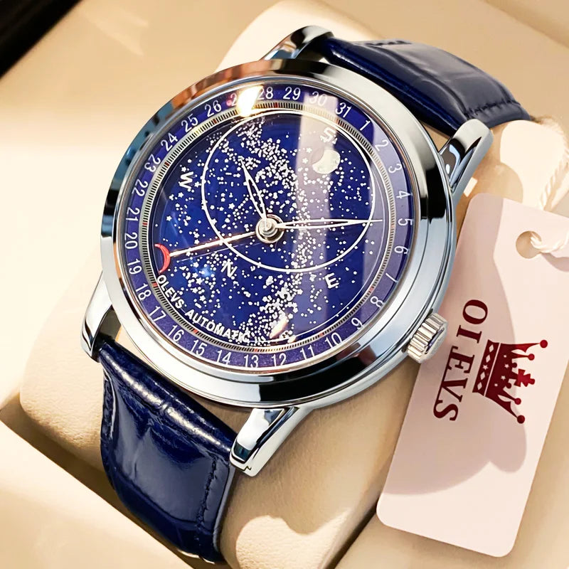 OLEVS 9923 Men's Watches Moon Phase Automatic Mechanical Watch for Man Blue Leather Luxury Dress Waterproof Luminous Wristwatch