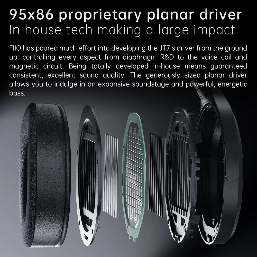 FiiO JT7 Planar-Magnetic-Audiophile-Kopfhörer – kabelgebundenes Over-Ear-HiFi-Headset mit 95x86mm-Treiber, verstellbarem Kopfbügel und 4.4mm/3.5mm-Kabel