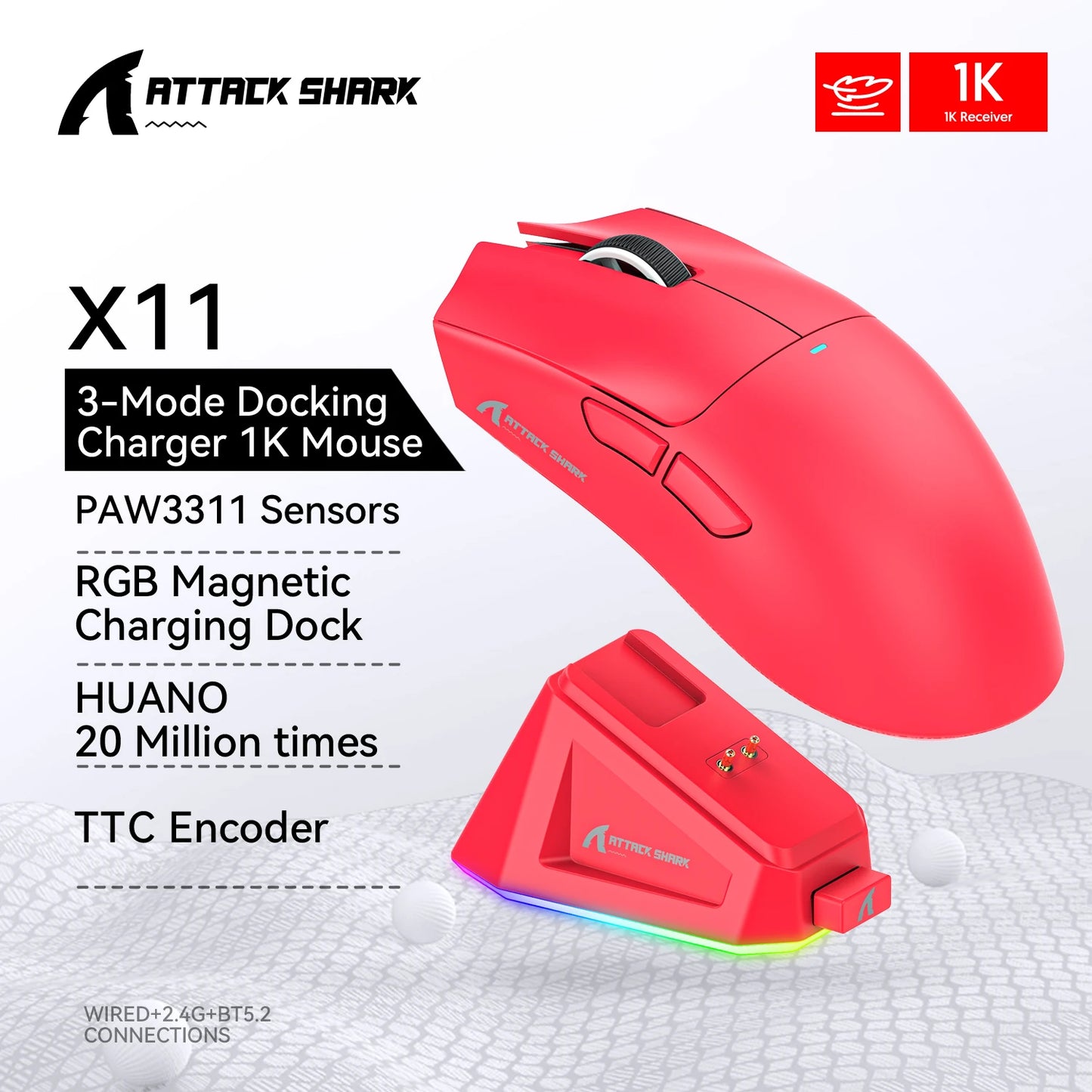 ATTACK SHARK X11 Tri-Mode Lightweight Gaming Mouse with PAW3311, 22000DPI, 400IPS, 40G, 59g, Magnetic Fast Charging, RGB Backlight