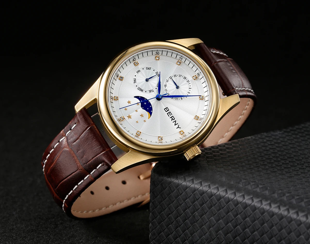 BERNY Men's Watch Date Weeks Moon Phase Quartz Watches for Men Stainless Steel Leather Strap Business Wristwatch Male Clock