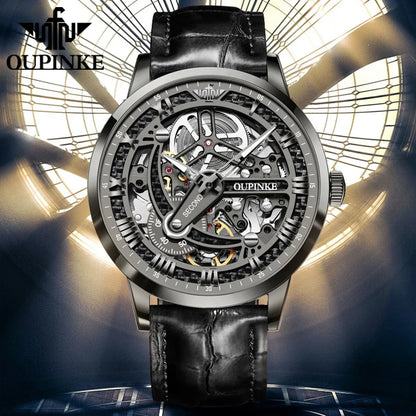 OUPINKE 3173 Skeleton Automatic Mechanical Watch Luxury Brand 50M Waterproof Watch Leather Strap Mens Watch Box Gifts Reloj