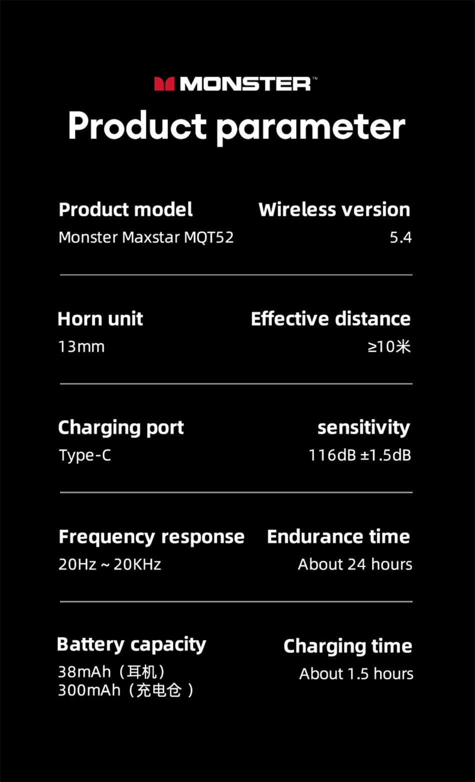 Monster MQT52 kabellose Bluetooth 5.4-Ohrhörer mit langer Akkulaufzeit, Gaming-Kopfhörer im Dual-Modus, Hi-Fi-Stereoklang-Headset mit Mikrofon